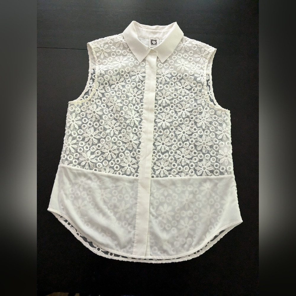 Vintage 90's, Anne Klein, sleeveless, embroidered, bottom down blouse.
